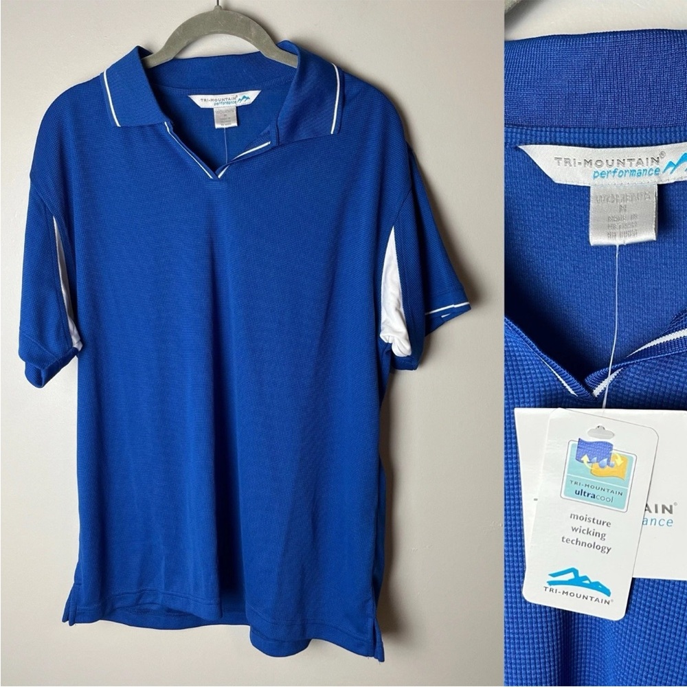NEW Tri-Mountain Performance Polo Shirt Size Medium Blue White Short Sleeves